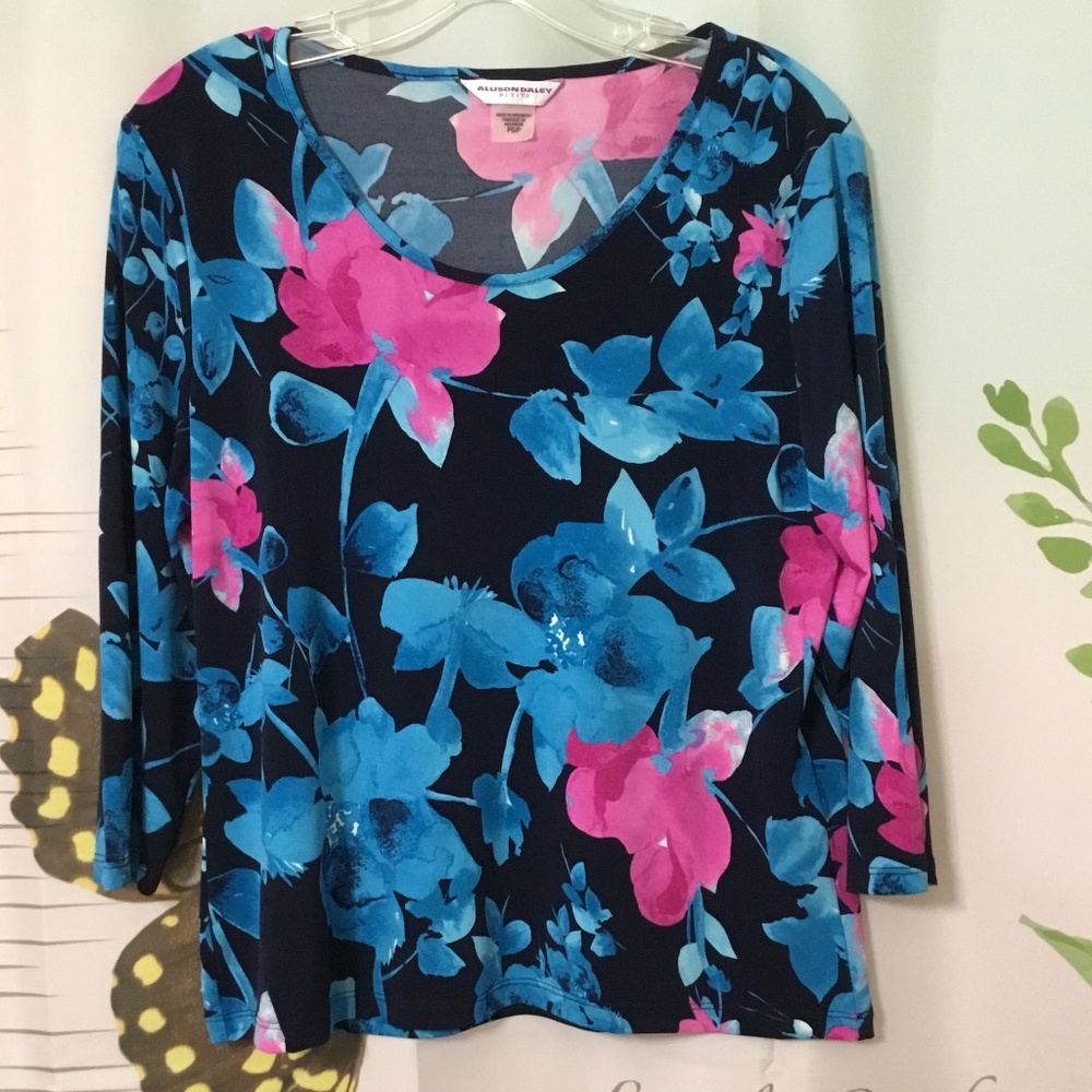Allison Daley Women Top Size Petite Small PS Floral 3/4 Sleeve~Blue\Black\Pink